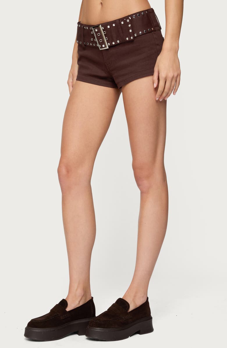 EDIKTED Studded Belt Denim Micro Shorts, Alternate, color, Dark-Brown