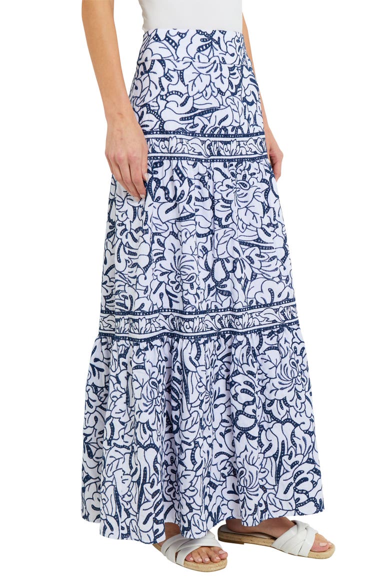 Tiered Floral Embroidery Maxi Skirt, Alternate, color, MAZARINE/ WHITE