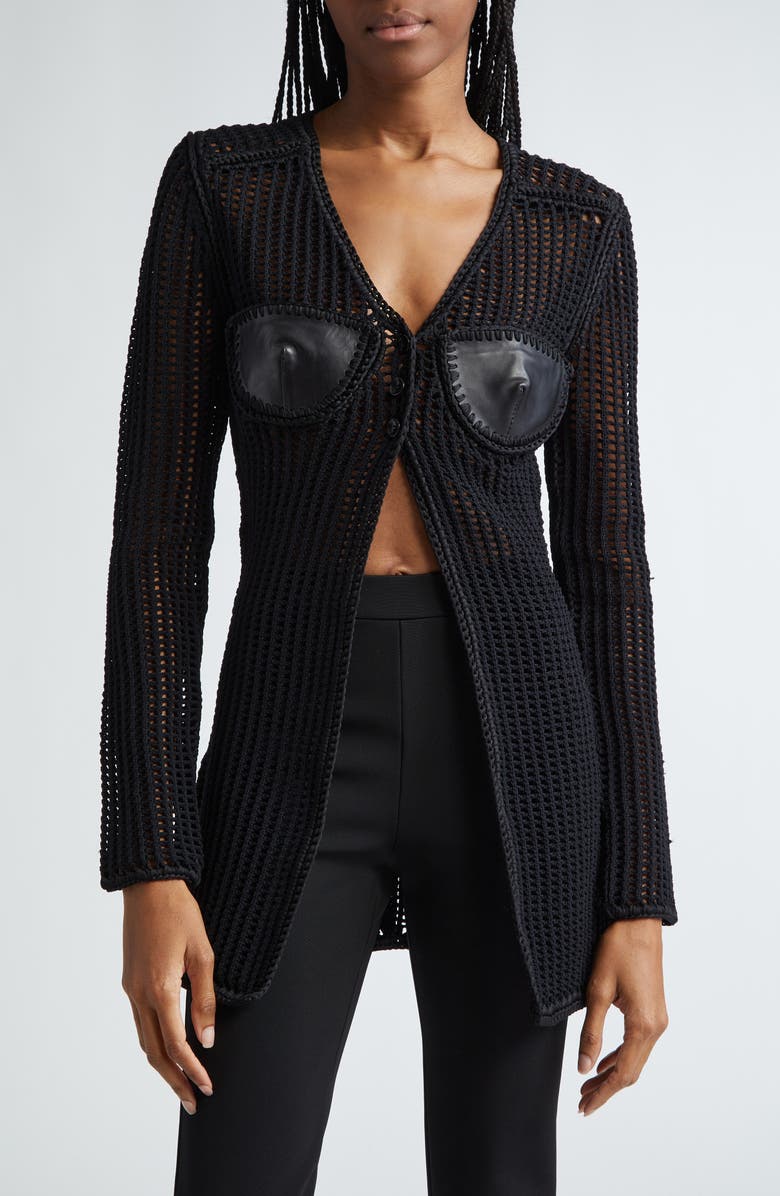 Alexander Wang Leather Bustier Crochet Cardigan, Main, color, Black