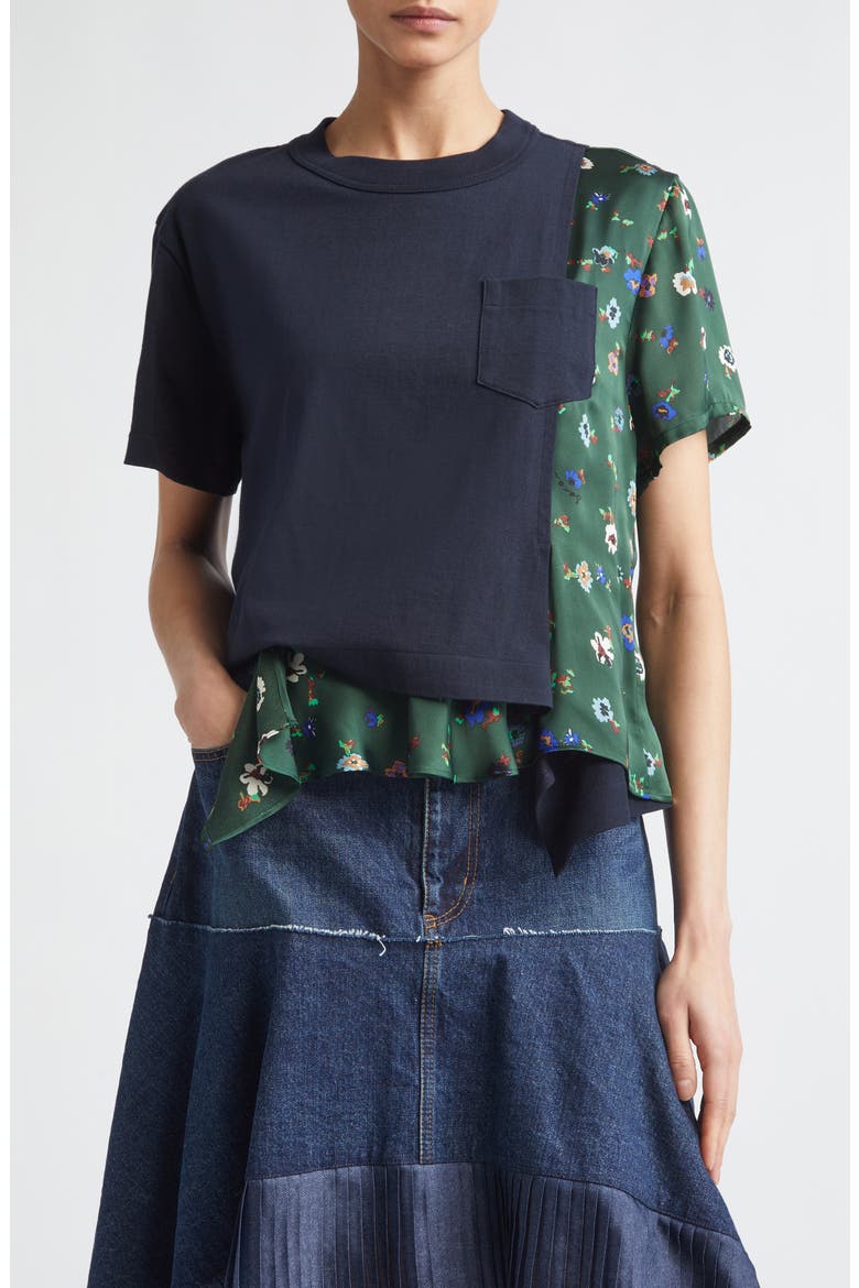 Mixed Media Cotton Jersey & Floral Satin Pocket T-Shirt (Women