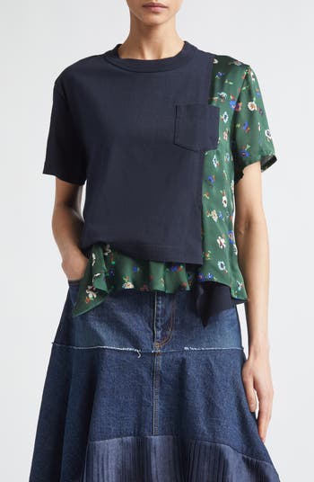 Sacai Mixed Media Cotton Jersey & Floral Satin Pocket T-Shirt