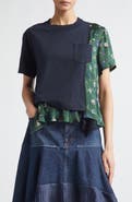 Sacai Mixed Media Cotton Jersey & Floral Satin Pocket T-Shirt