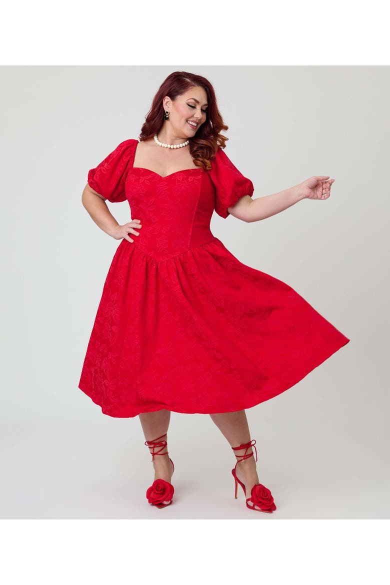 Plus Size Puff Sleeve Swing Dress, Main, color, Red Floral Print