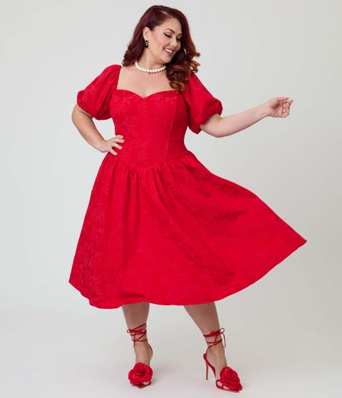 Plus Size Puff Sleeve Swing Dress