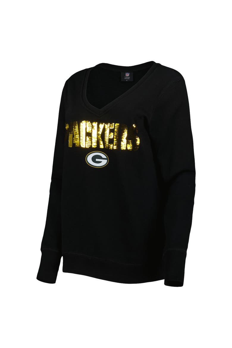Women's Cuce Black Green Bay Packers Sequin Logo V-Neck Pullover Sweatshirt, Alternate, color, Black