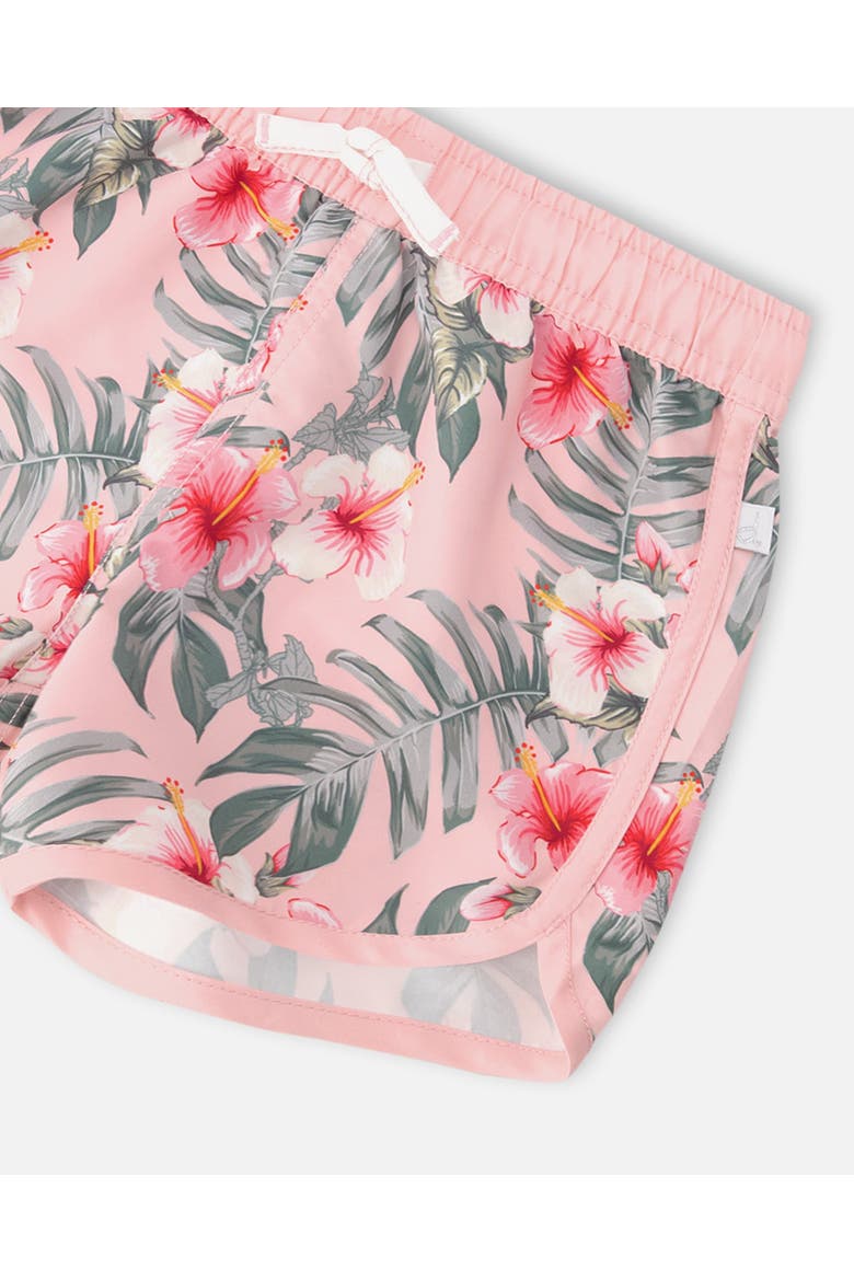 Elastic Waist Drawstring Hibiscus Swim Shorts, Alternate, color, Pink Hibiscus Print