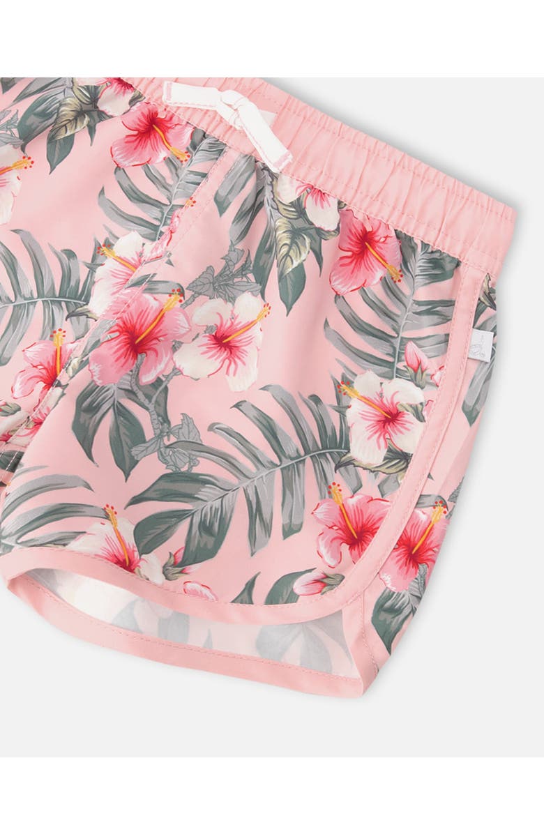 Deux par Deux Elastic Waist Drawstring Hibiscus Swim Shorts, Alternate, color, Pink Hibiscus Print