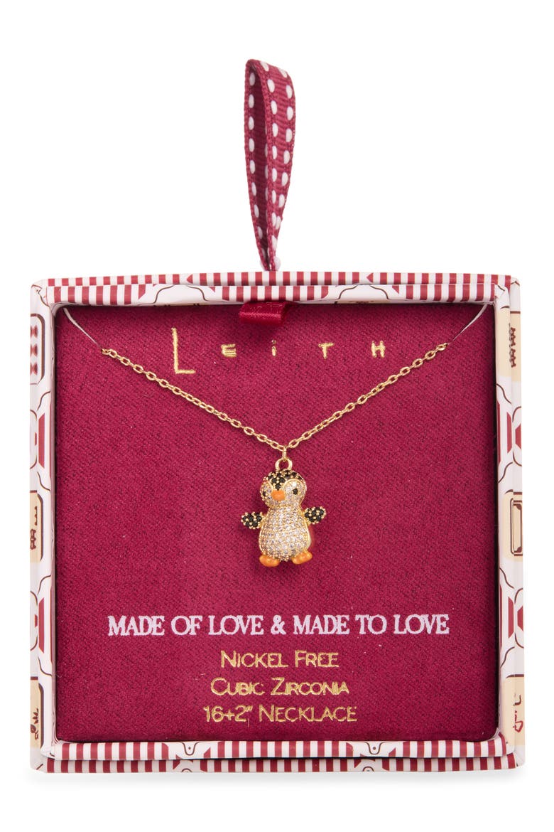 Pavé Penguin Pendant Necklace, Main, color, BLACK- ORANGE- GOLD