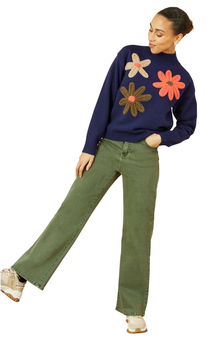 Yumi Floral Detail High Neck Knit Sweater, Alternate, color, Navy