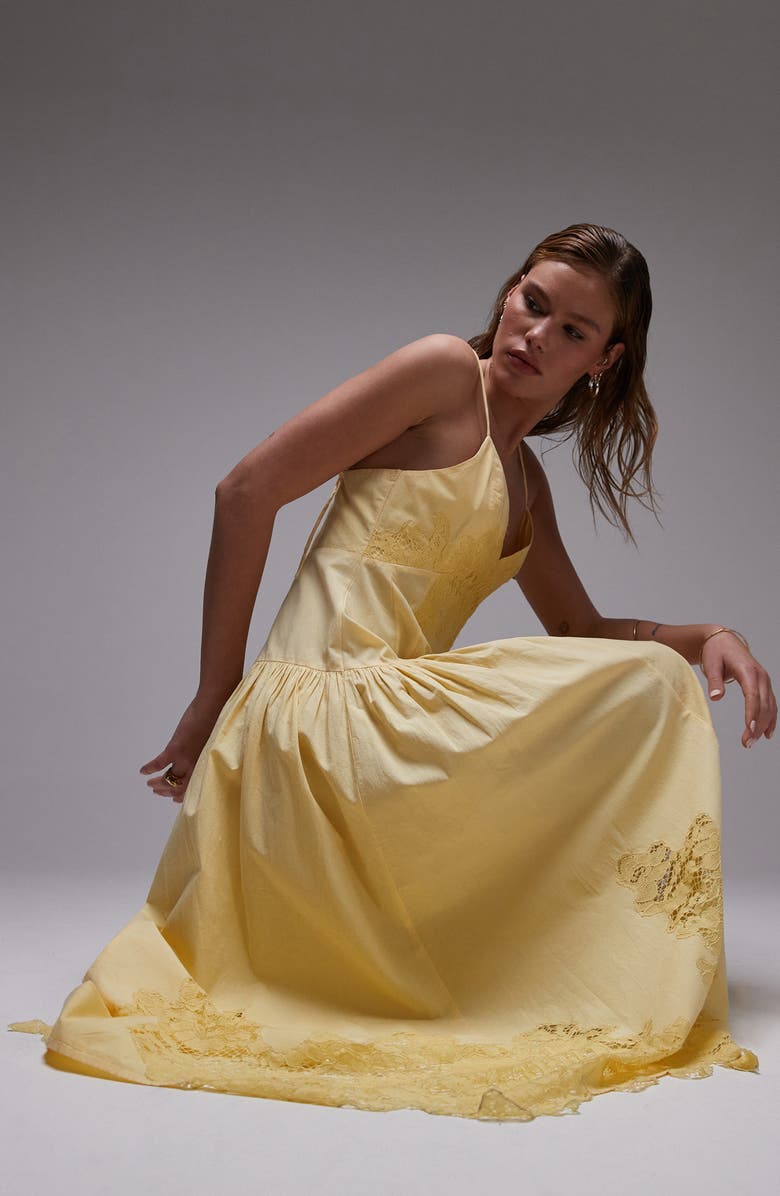 Topshop Lace Trim Cotton Poplin Sundress, Alternate, color, Yellow