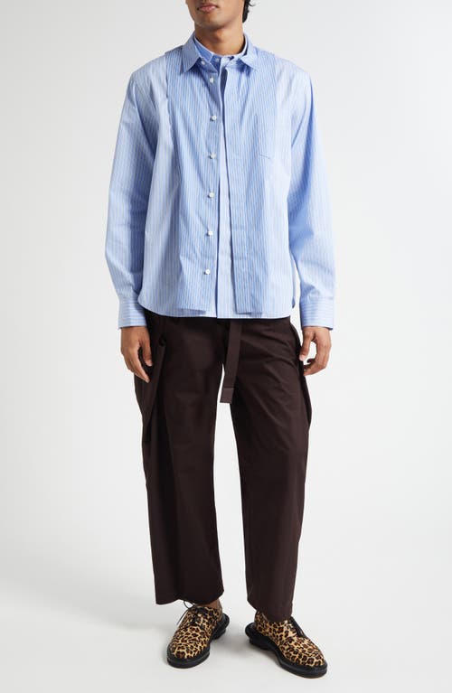 Sacai Stripe Overlay Cotton Poplin Button-up Shirt In Blue