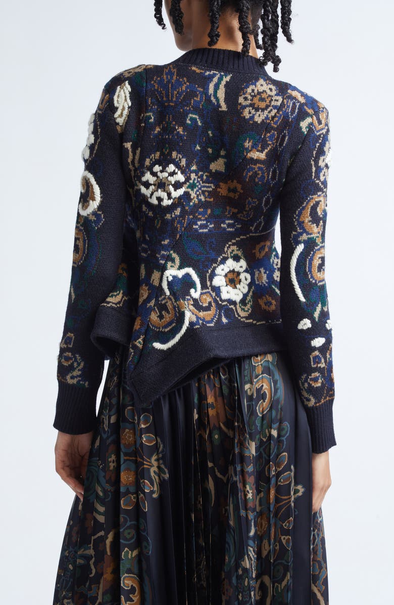 Sacai Floral Jacquard Asymmetric Wool Sweater, Alternate, color, Navy