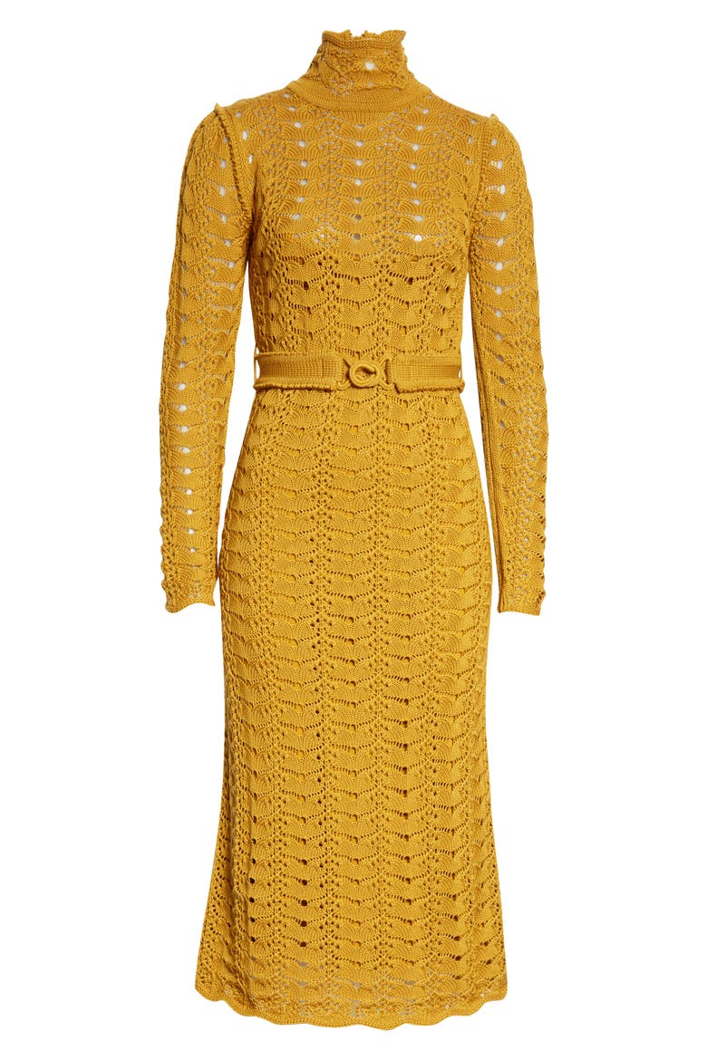 Concert Long Sleeve Crochet Merino Wool Midi Dress, Alternate, color, DARK MUSTARD