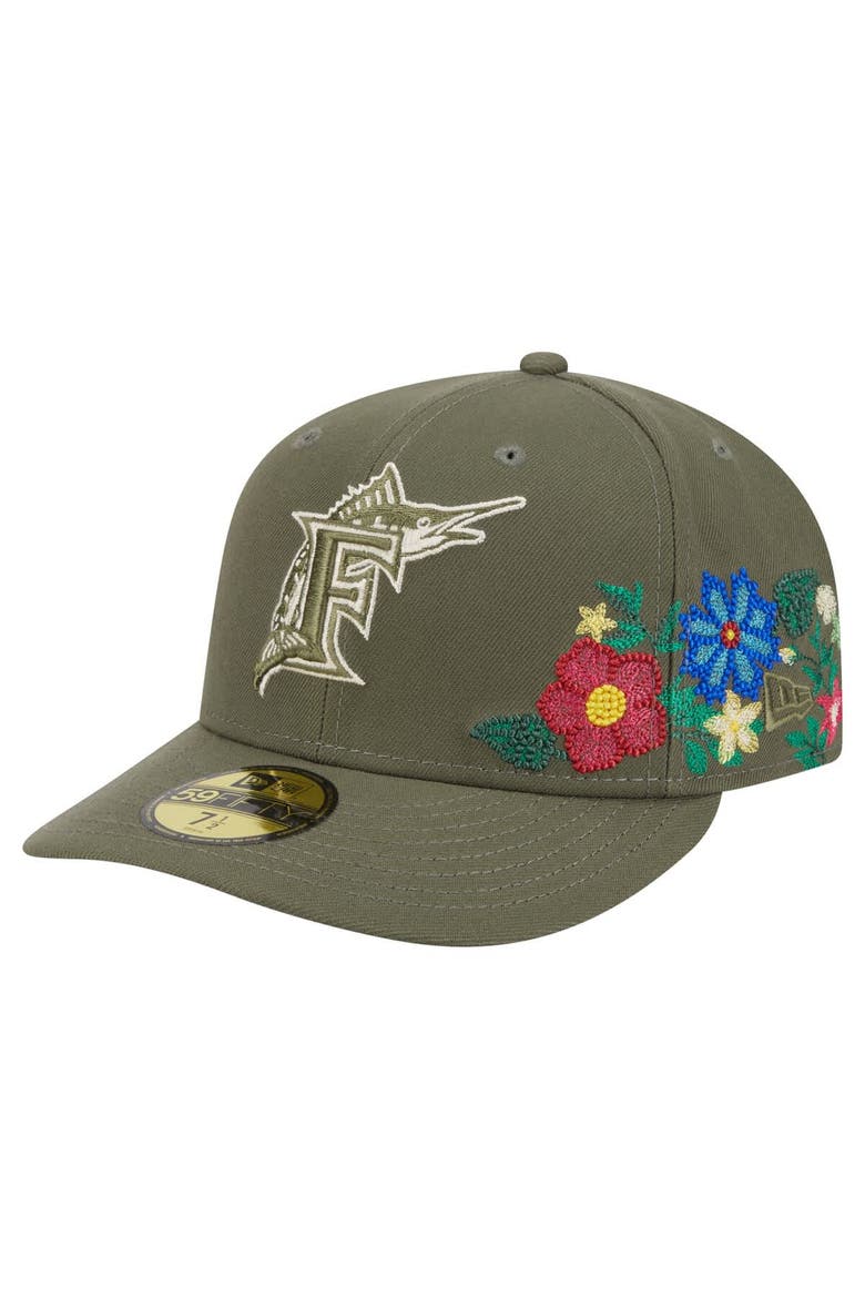 Men's New Era Olive Florida Marlins Cooperstown Collection Tonal Florals 59FIFTY Fitted Hat, Main, color, Olive