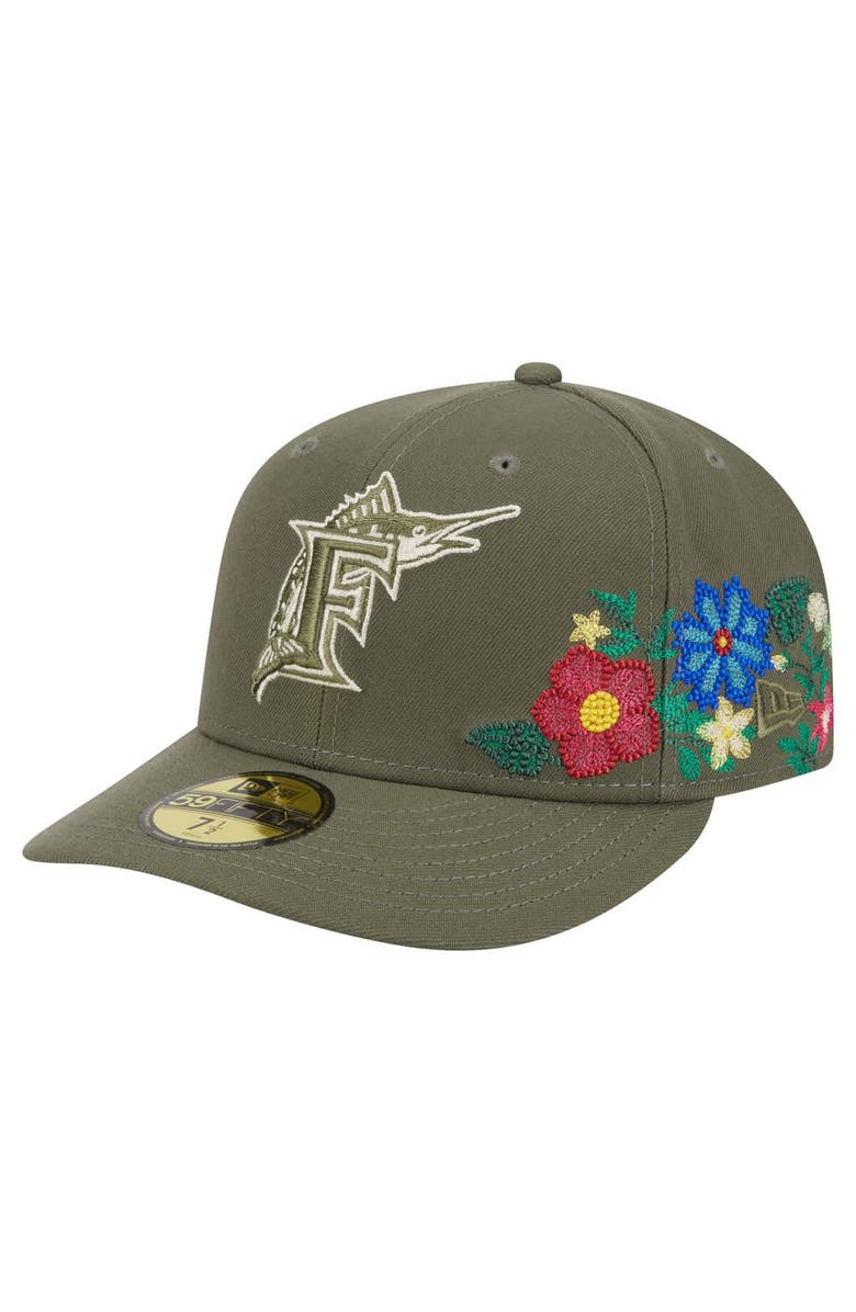 New Era Men's New Era Olive Florida Marlins Cooperstown Collection Tonal Florals 59FIFTY Fitted Hat, Main, color, Olive