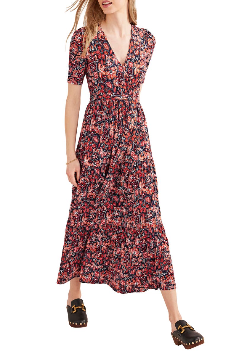 Boden Floral Short Sleeve Tiered Wrap Dress, Main, color, 