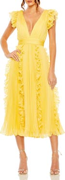 Mac Duggal Pleated Chiffon V Neck Ruffle Midi Dress