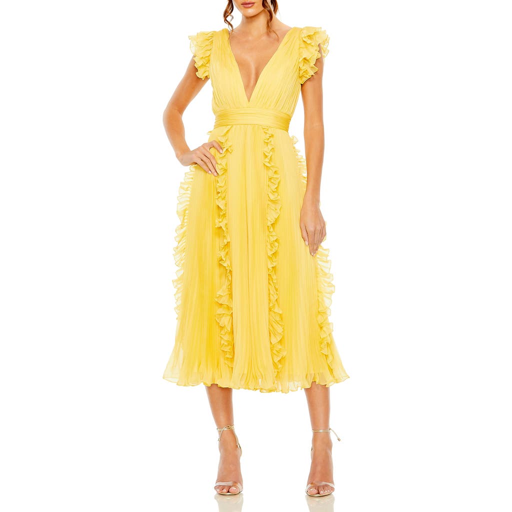 Mac Duggal Pleated Chiffon V Neck Ruffle Midi Dress In Butter