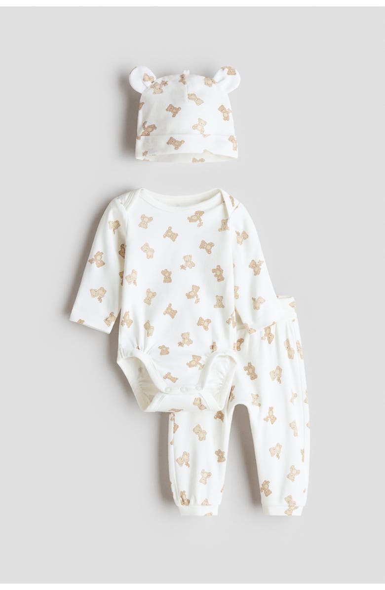 H&M 3-piece cotton jersey set, Main, color, White/Teddy Bears