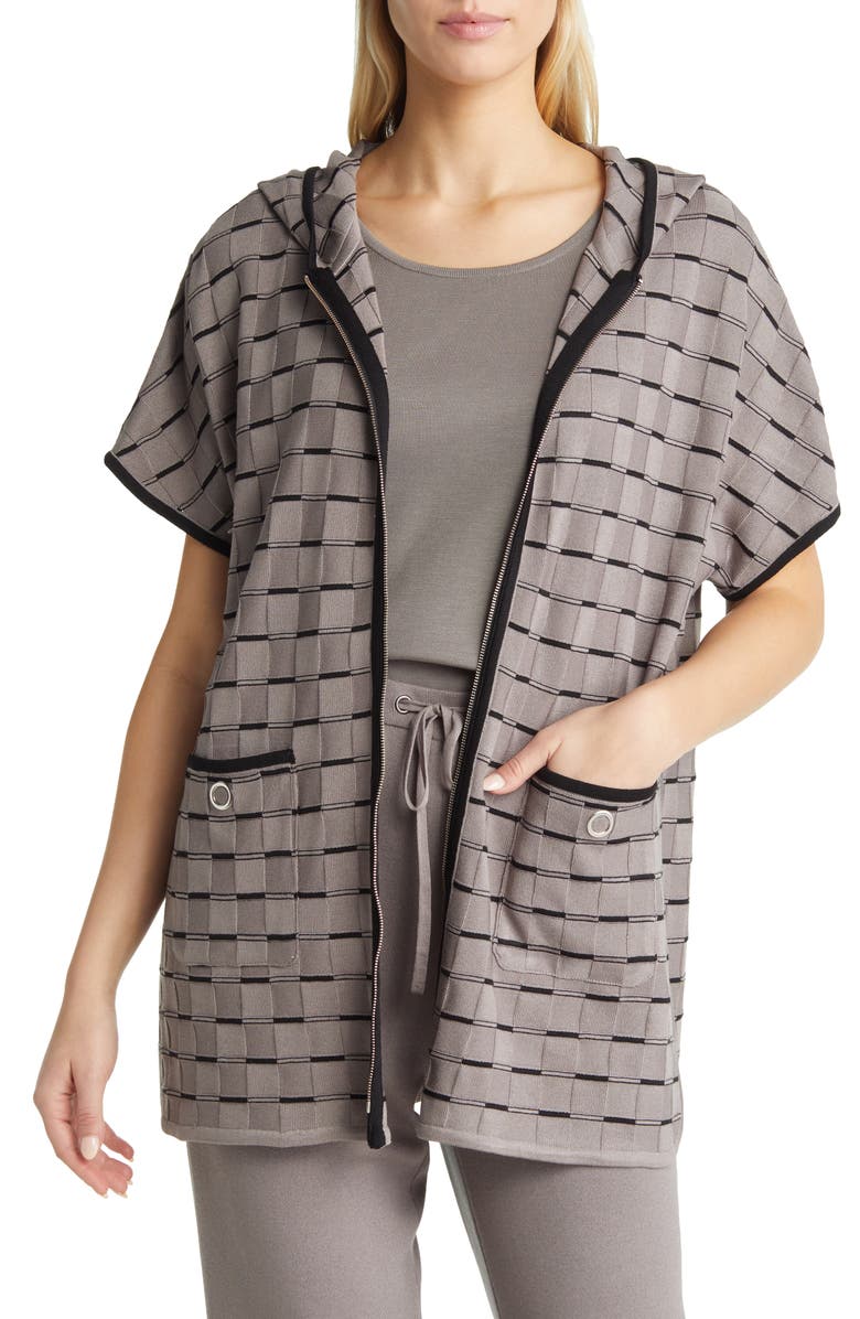 Ming Wang Basket Weave Zip Short Sleeve Hooded Jacket, Main, color, 