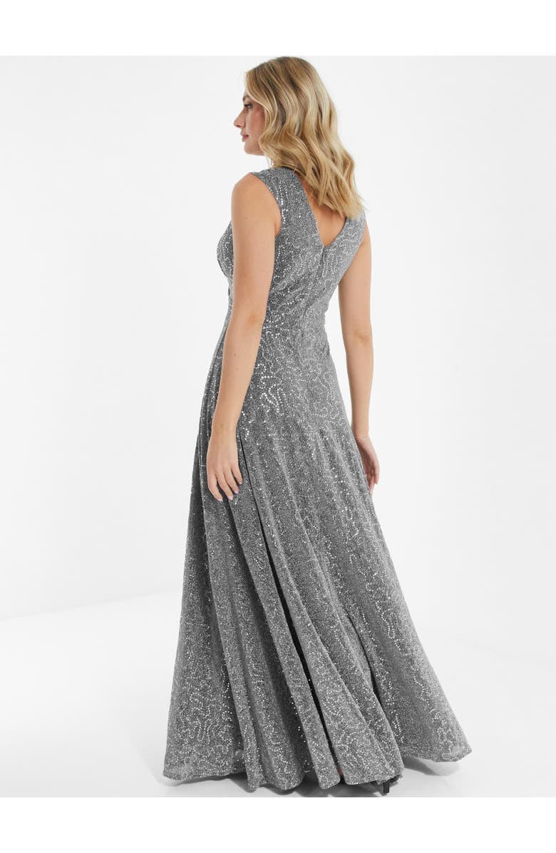 QUIZ Sequin V-Neck Evening Dress, Alternate, color, Silver