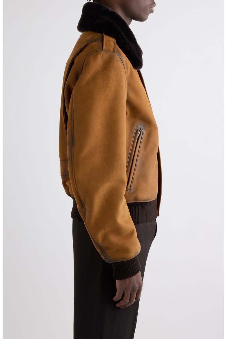 Lorby Genuine Shearling Collar Suede Bomber Jacket, Alternate, color, COGNAC BROWN