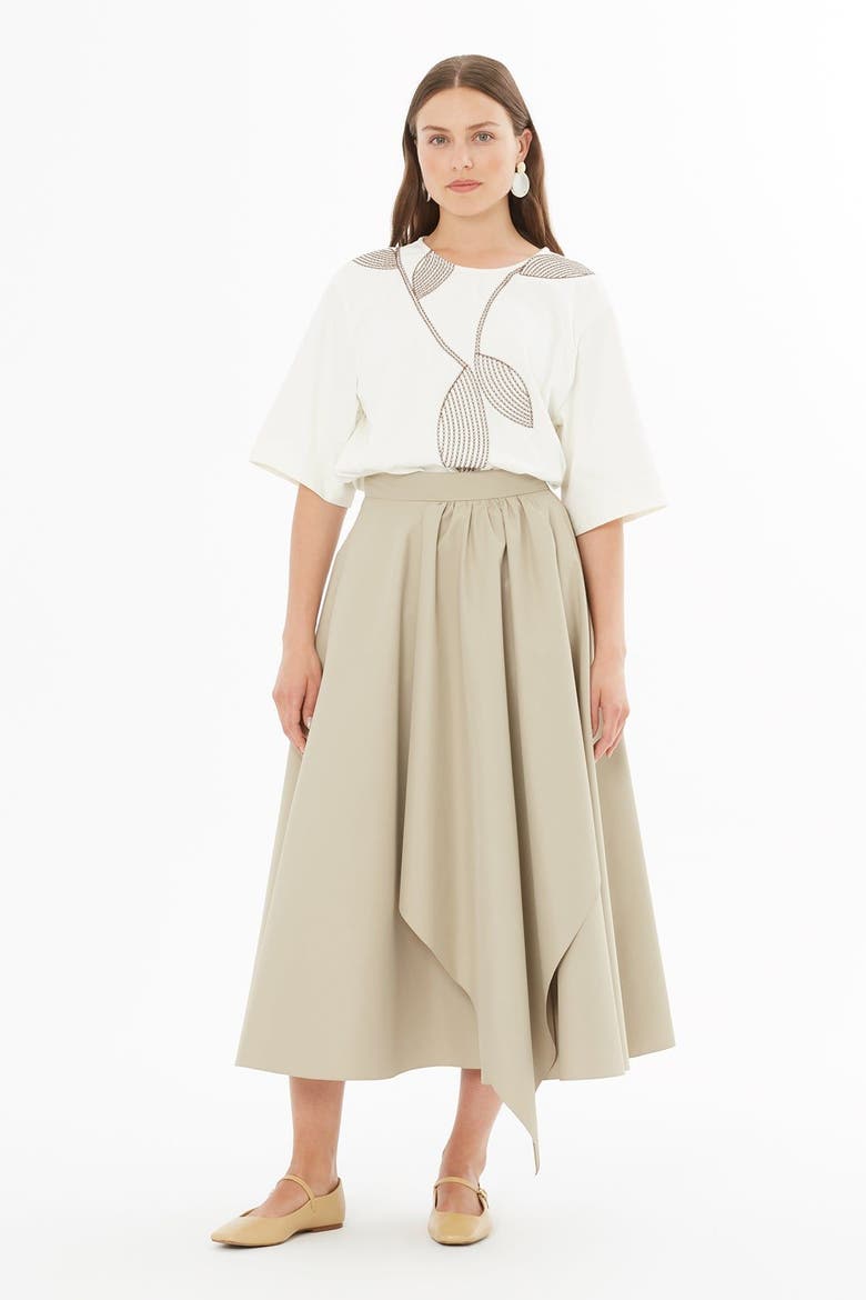 Asymmetric Gathered High-Waist Midi Skirt, Main, color, Beige