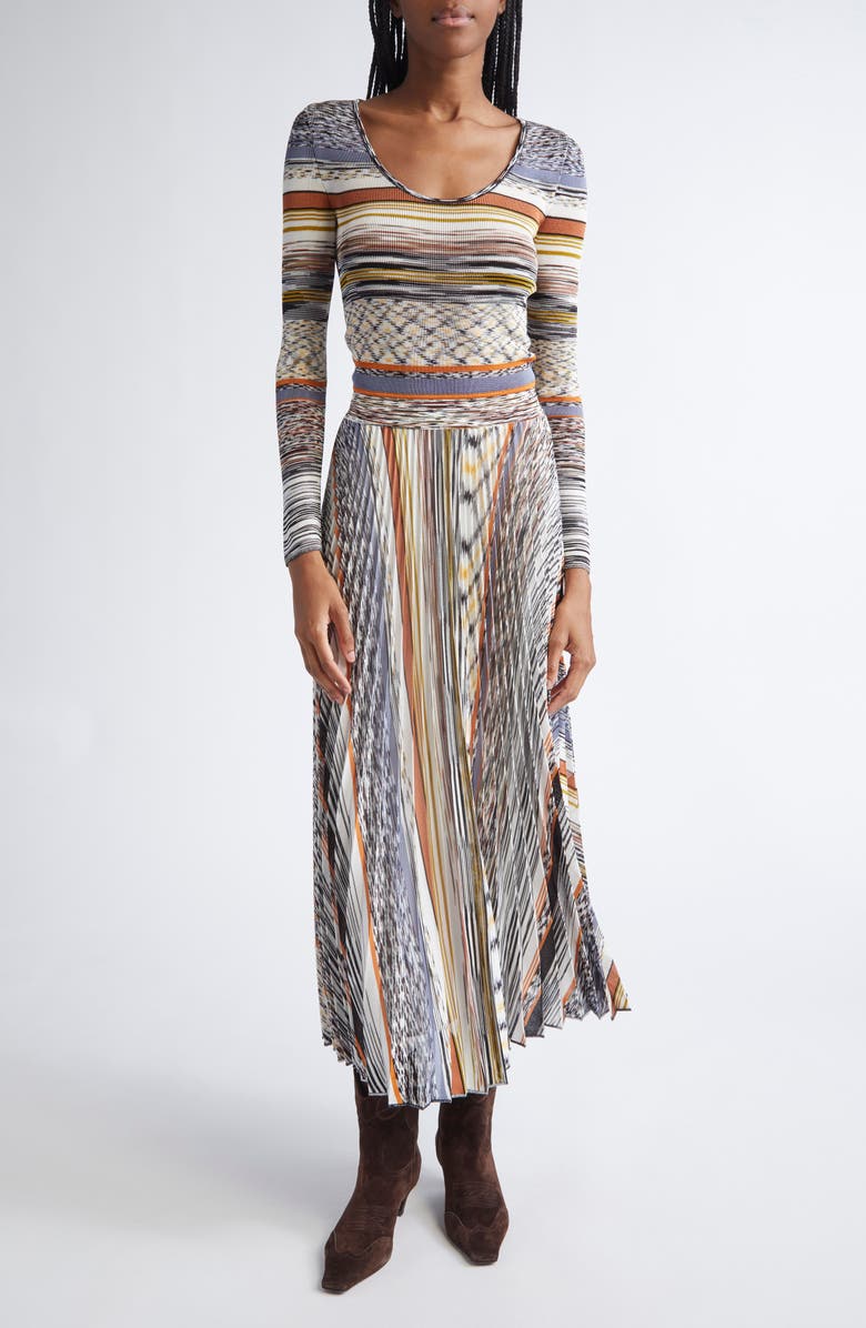 Missoni Pleated Long Sleeve Knit Dress, Main, color, Ivory Multicolor Tones