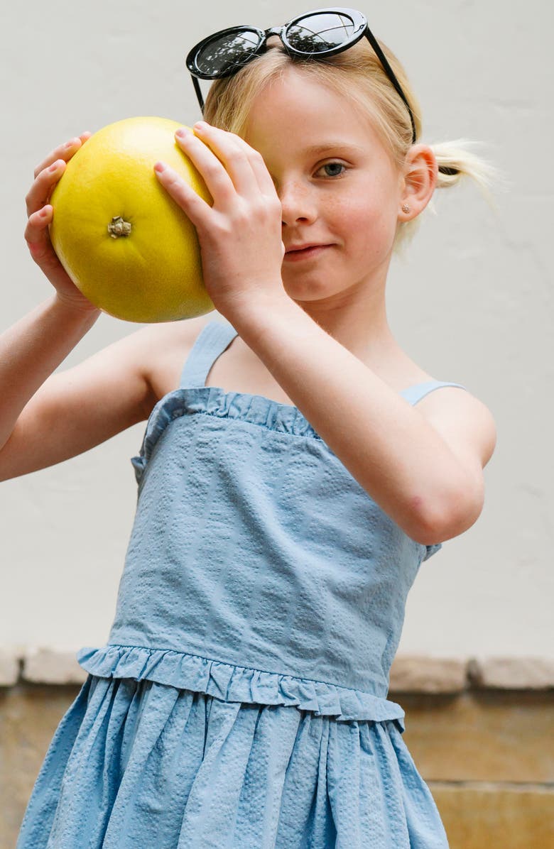 Hope & Henry Kids' Organic Ruffle Edge Seersucker Apron Dress, Alternate, color, Bluebell