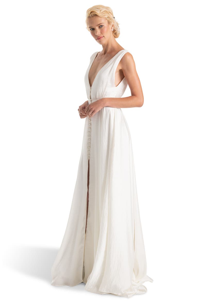 Joplin Slit Front Button-Up V-Neck Wedding Dress, Alternate, color, WHITE