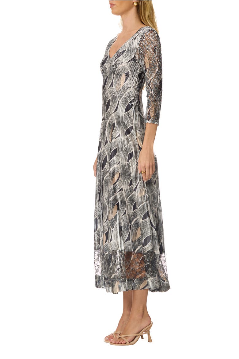 Geometric Charmuese Dress with Lace Sleeves, Alternate, color, Black Eye
