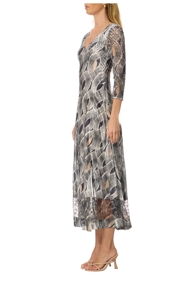 Komarov Geometric Charmuese Dress with Lace Sleeves, Alternate, color, Black Eye