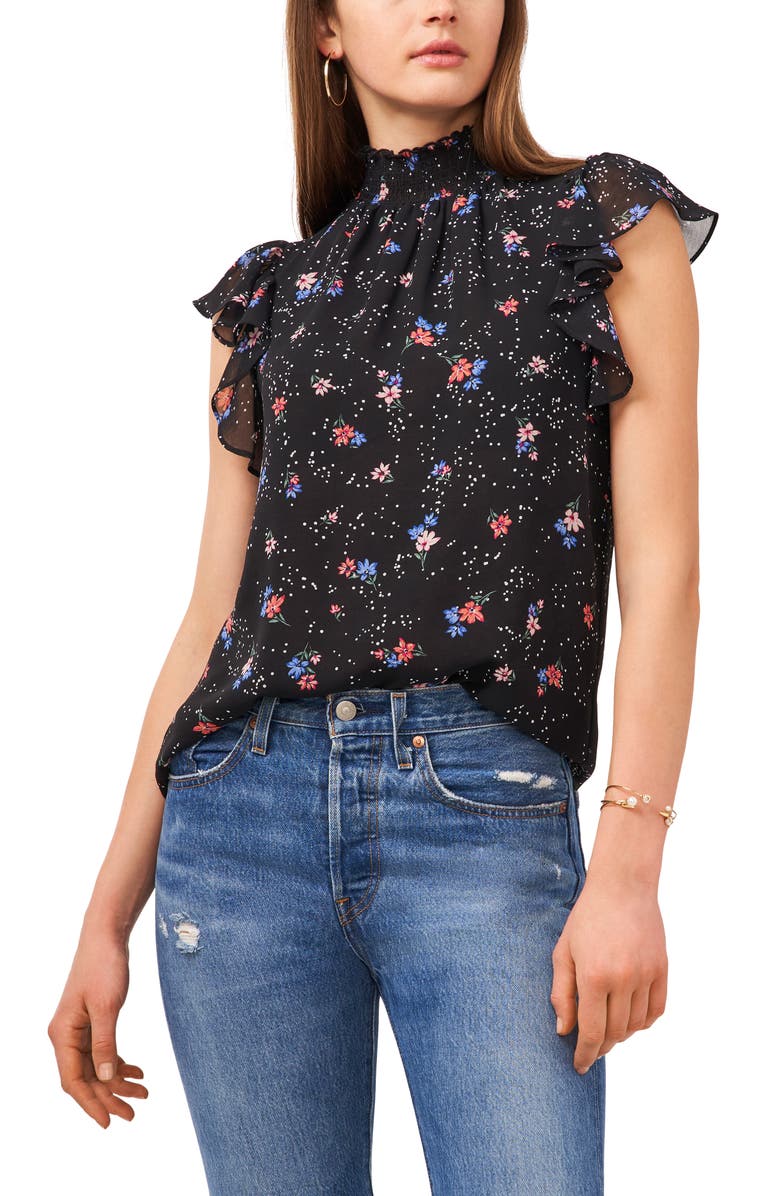 1.STATE Flutter Sleeve Smocked Neck Blouse, Main, color,