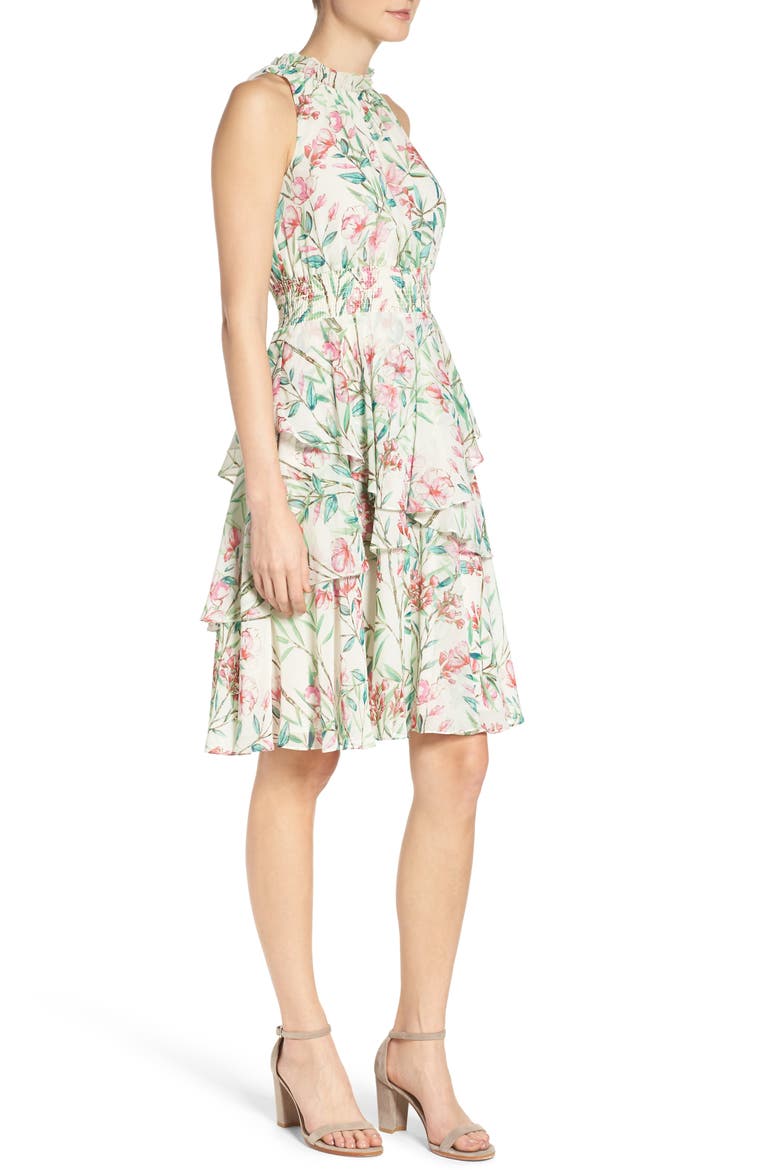 Chiffon Fit & Flare Dress, Alternate, color, IVORY/ PINK/ GREEN