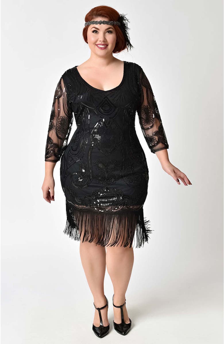 Unique Vintage Plus Size 1920s Margaux Flapper Dress, Main, color, Black