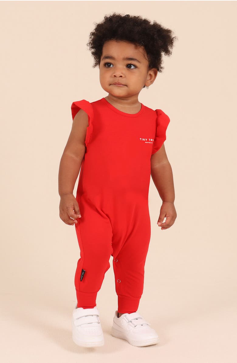 TINY TRIBE Core Ruffle Shoulder Cotton Jersey Romper, Alternate, color, Red