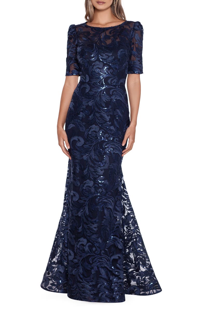 Xscape Evenings Xscape Embroidered Sequin Short Sleeve Gown, Main, color, 