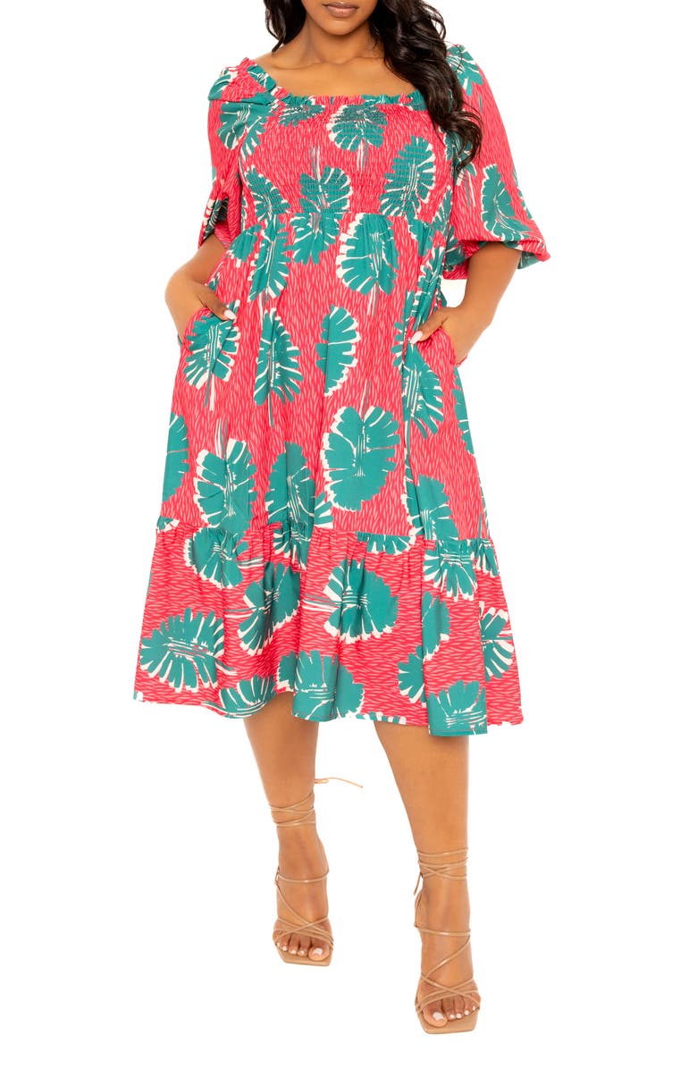 BUXOM COUTURE Print Smocked Midi Dress, Alternate, color, Pink Multi