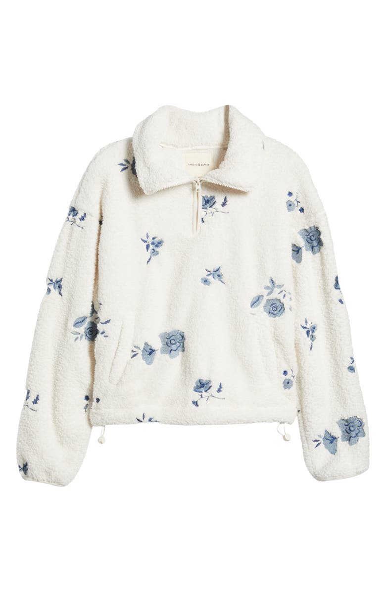 Thread & Supply Floral Embroidered Faux Shearling Quarter Zip Pullover, Main, color,