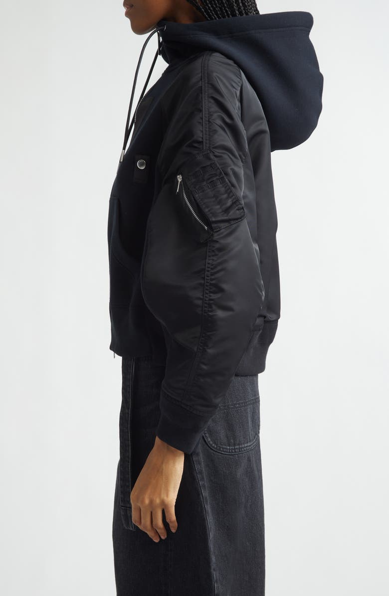 Sacai Sponge Sweat x Nylon Twill Full Zip Hoodie, Alternate, color, Black