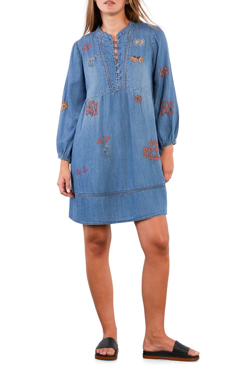 La La La Embroidered Long Sleeve Denim Dress, Main, color, WASHED DENIM