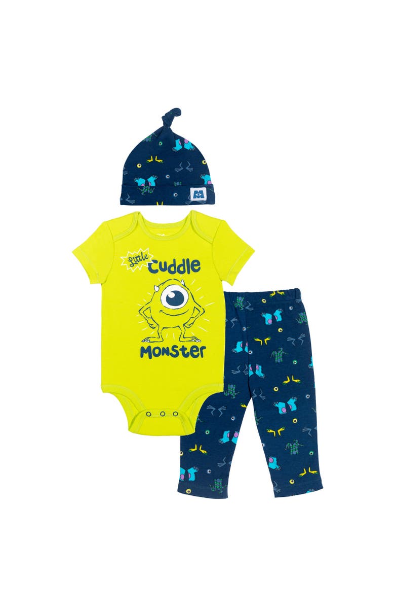 Disney Bodysuit Pants & Hat Set, Main, color, Mike Wazowski Green Green