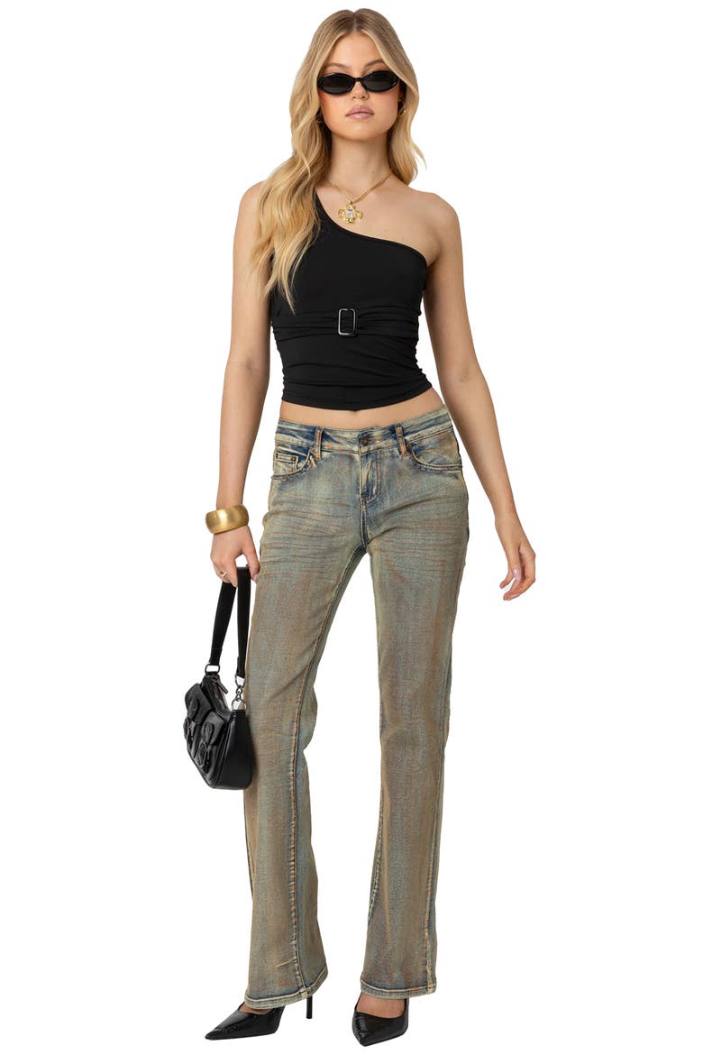 Belted One-Shoulder Crop Top, Alternate, color, BLACK