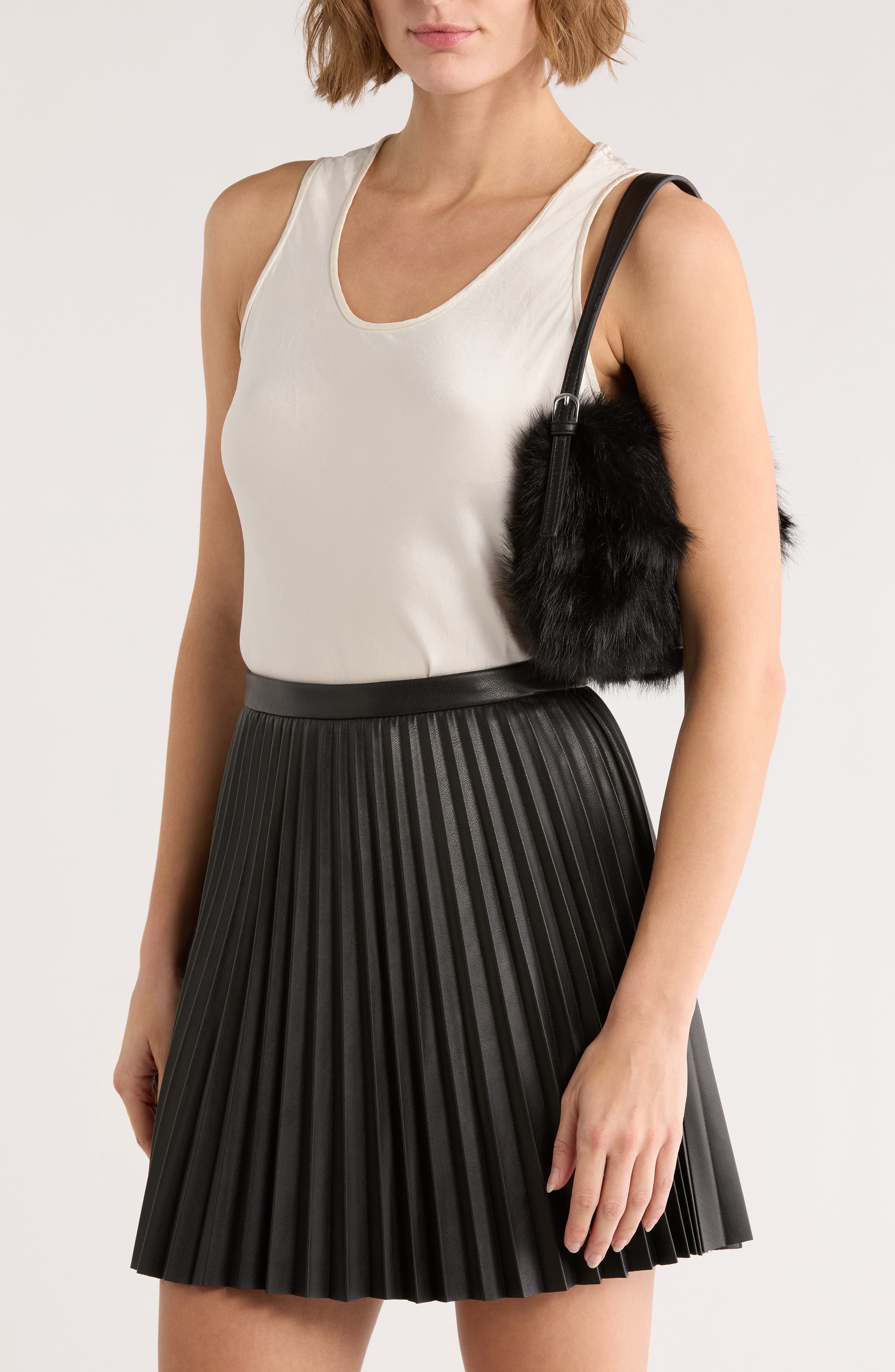 BCBG Faux Fur Buckle Shoulder Bag, Alternate, color, Black