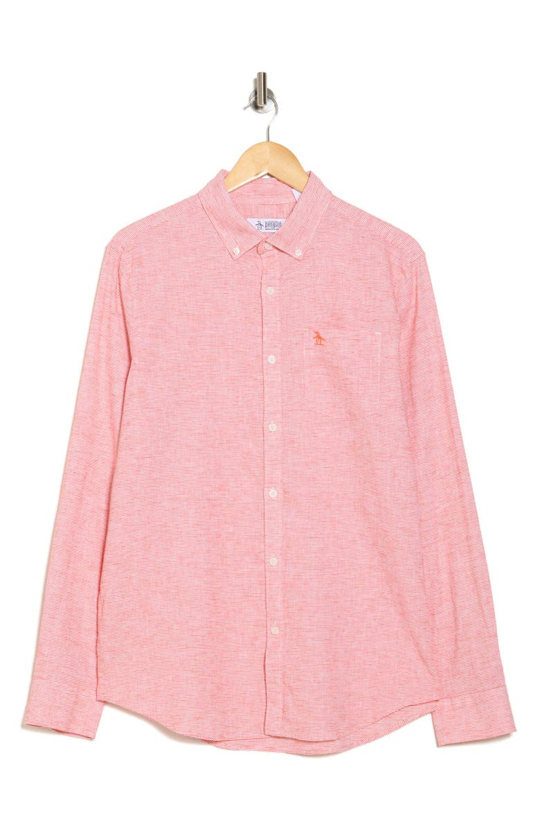 Original Penguin Stripe Stretch Linen & Cotton Button-Down Shirt, Alternate, color, Cherry Tomoato