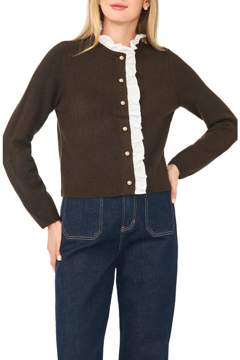 Ruffle Trim Cardigan, Main, color, CHOCOLATE