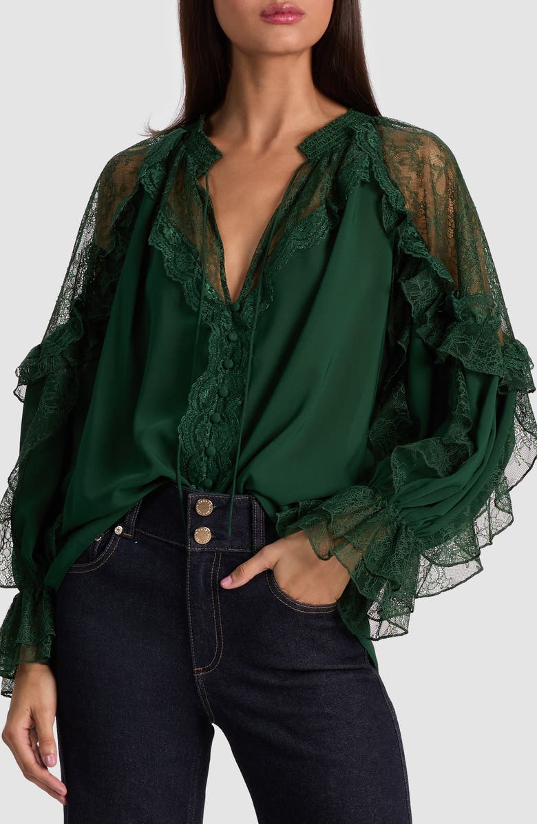 Alice + Olivia Aleena Lace Detail Long Sleeve Button-Up Shirt, Main, color, Green Mystique