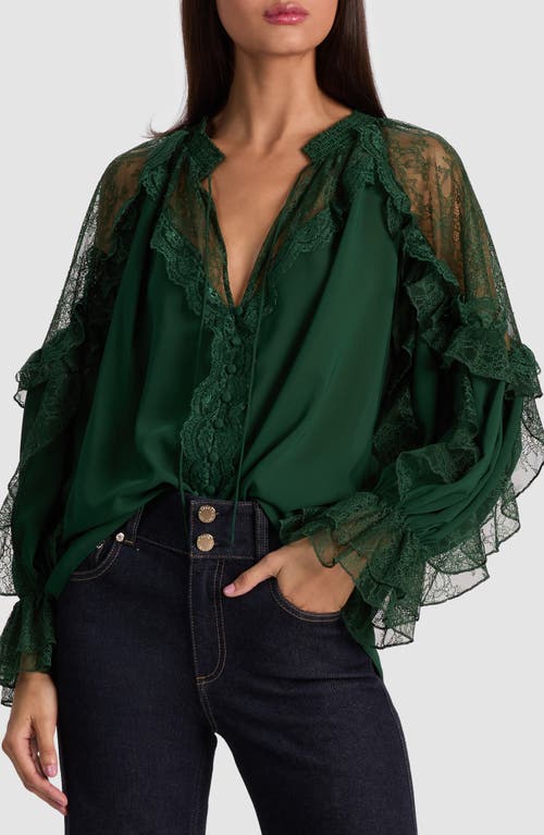 Alice + Olivia Aleena Lace Detail Long Sleeve Button-Up Shirt in Green Mystique  product