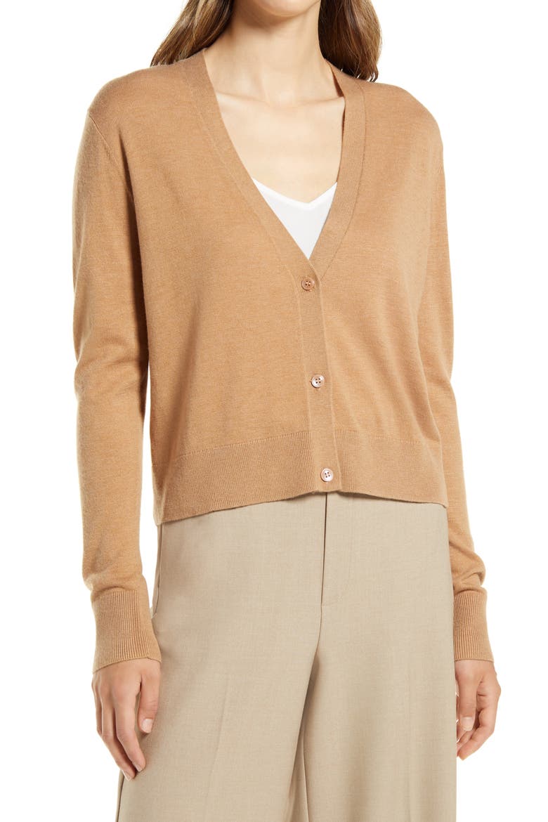 Women's Crop V-Neck Cardigan, Alternate, color, TAN CAMEL DARK HEATHER