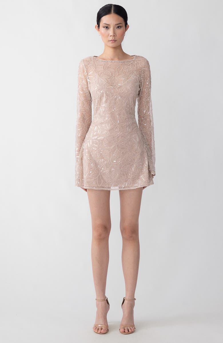 SAU LEE Odessa Beaded Floral Long Sleeve Cocktail Minidress, Alternate, color, Beige